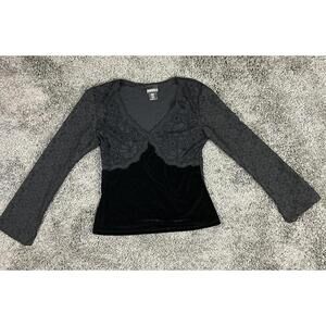 Baranda Top Women XS Black Lace Long Sleeve Velour Fitted Floral Mesh Stretch